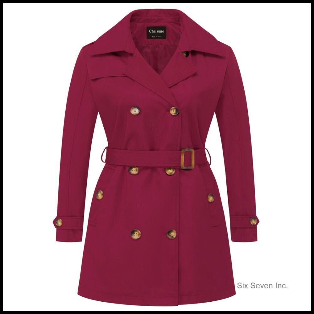 Plus Size Double Breasted Trench Coat Mid Length Belted Overcoat Detachable Hood